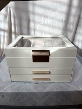 SONGMICS beige  Glass Top Jewelry Box Organizer 2 Drawers Gold Hardware